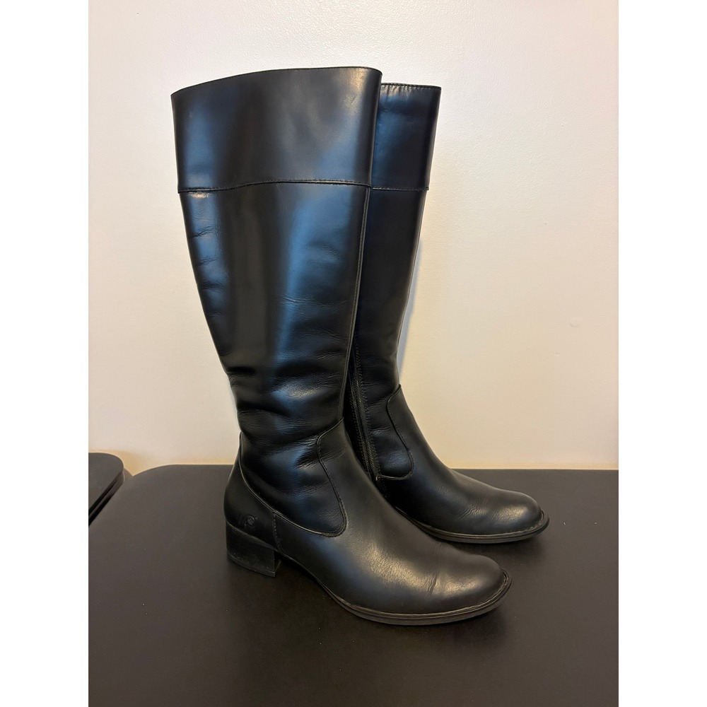 Born Womens Black Leather Tall Riding Boots Round Toe Side Zip Low Block Heel